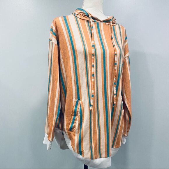 CRAZY TRAIN M Orange Teal Striped Hoodie Casual Western Boho Southwestern 70s - Picture 3 of 16